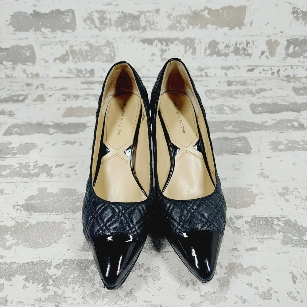 Adrienne Vittadini Jantine Black Quilted Leather Patent Cap Toe Heels E463